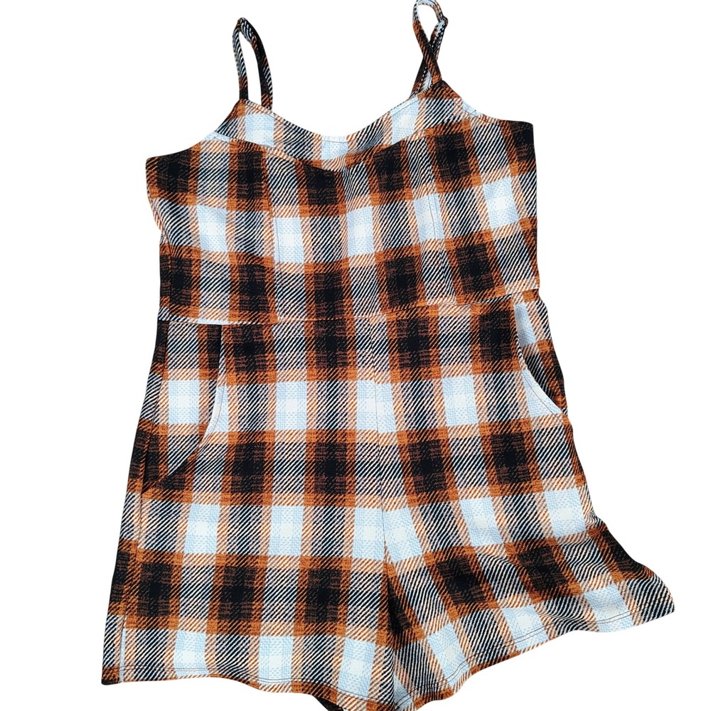Almost Famous Womens L Plaid Romper Brown Orange Multicolor Academia Y2K Grunge